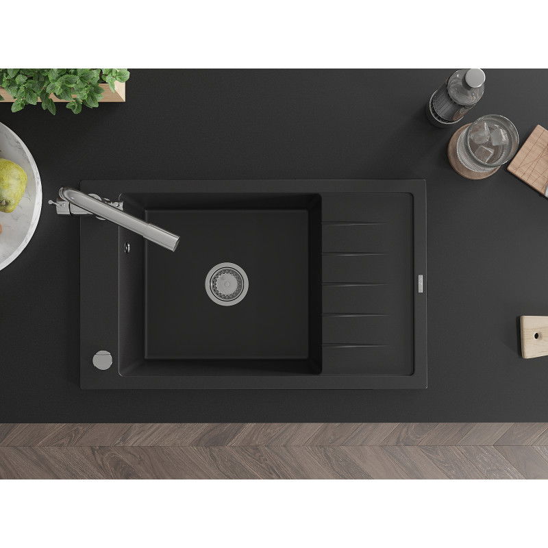 Mexen Elias chiuvetă din granit cu 1 compartiment cu scurgător și baterie de bucătărie Duero, negru - 6511-77-671600-00
