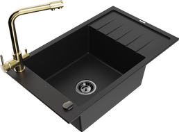 Mexen Elias gránit mosogató 1-medencés csepegtetővel és Duero konyhai csappal, fekete - 6511-77-671600-50-B