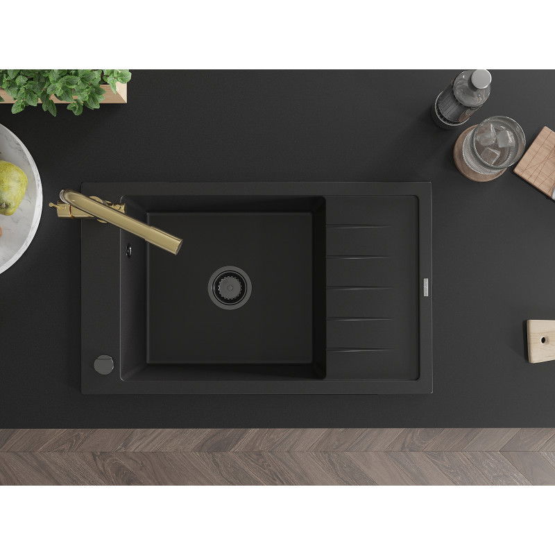 Mexen Elias chiuvetă granit 1-cuvă cu scurgător și baterie bucătărie Duero, negru - 6511-77-671600-50-B