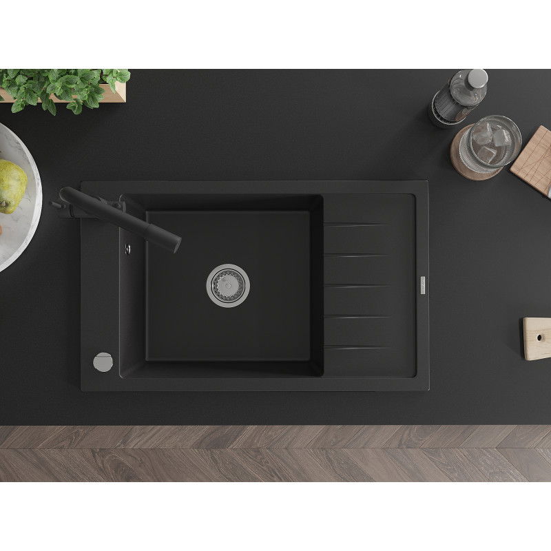 Mexen Elias 1-medencés gránit mosogató csepegtetővel és Duero konyhai csapteleppel, fekete - 6511-77-671600-70