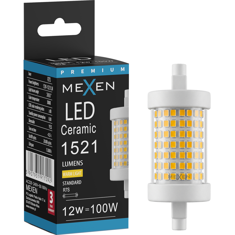 Mexen Vega LED-es fényerő-szabályozható R7S izzó, 12W, Meleg - 3000K, 1521 lm - L125-R7S-1230-01