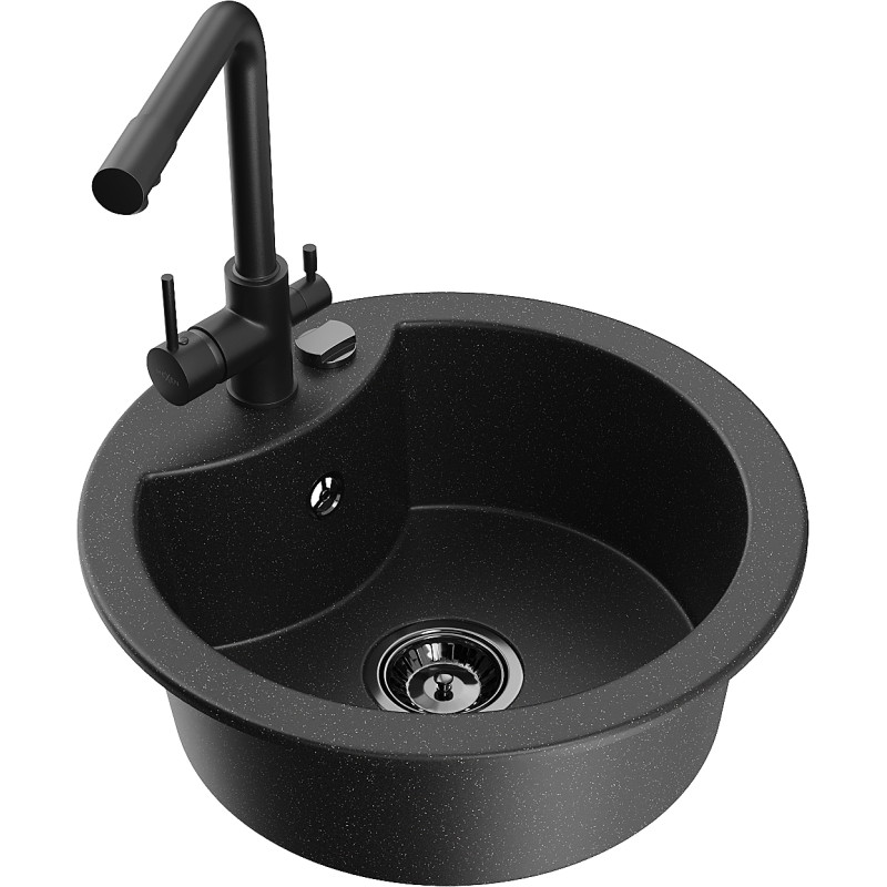 Mexen Diego chiuvetă granit 1-cameră cu baterie de bucătărie Duero, negru/metalizat argintiu - 6512-73-671600-70-B