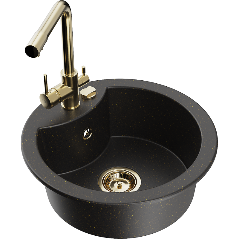 Mexen Diego chiuvetă granit 1-cameră cu baterie de bucătărie Duero, negru/auriu metalic - 6512-75-671600-50