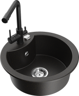 Mexen Diego chiuvetă de granit cu 1 compartiment și baterie de bucătărie Duero, negru/auriu metalizat - 6512-75-671600-70