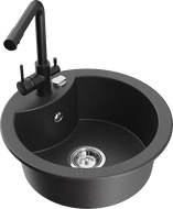 Mexen Diego chiuvetă granitică cu 1 compartiment și baterie de bucătărie Duero, negru cu pete - 6512-76-671600-70