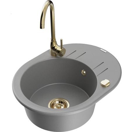 Mexen Kevin chiuvetă de granit cu 1 compartiment cu picurător și robinet de bucătărie Telma, gri - 6517-71-670200-50