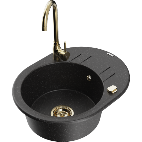 Mexen Kevin chiuvetă de bucătărie din granit cu 1 cuvă cu scurgător și baterie Telma, negru/argintiu metalic