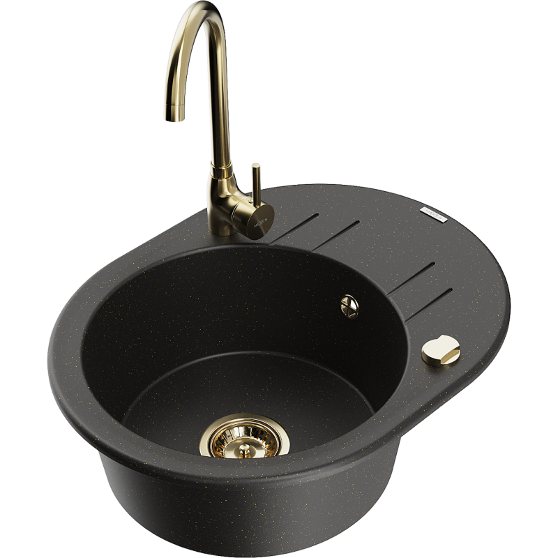 Mexen Kevin chiuvetă de bucătărie din granit cu 1 compartiment, cu scurgător și baterie de bucătărie Telma, negru/auriu