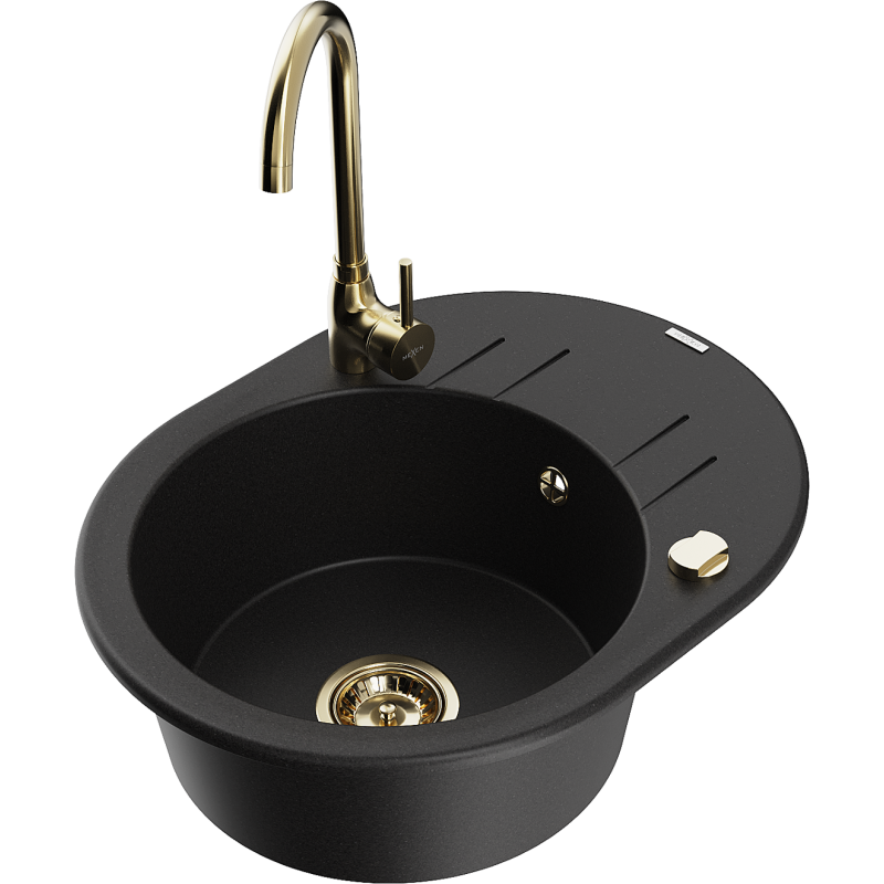 Mexen Kevin chiuvetă de granit cu o cuvă și scurgător, cu robinet de bucătărie Telma, negru - 6517-77-670200-50