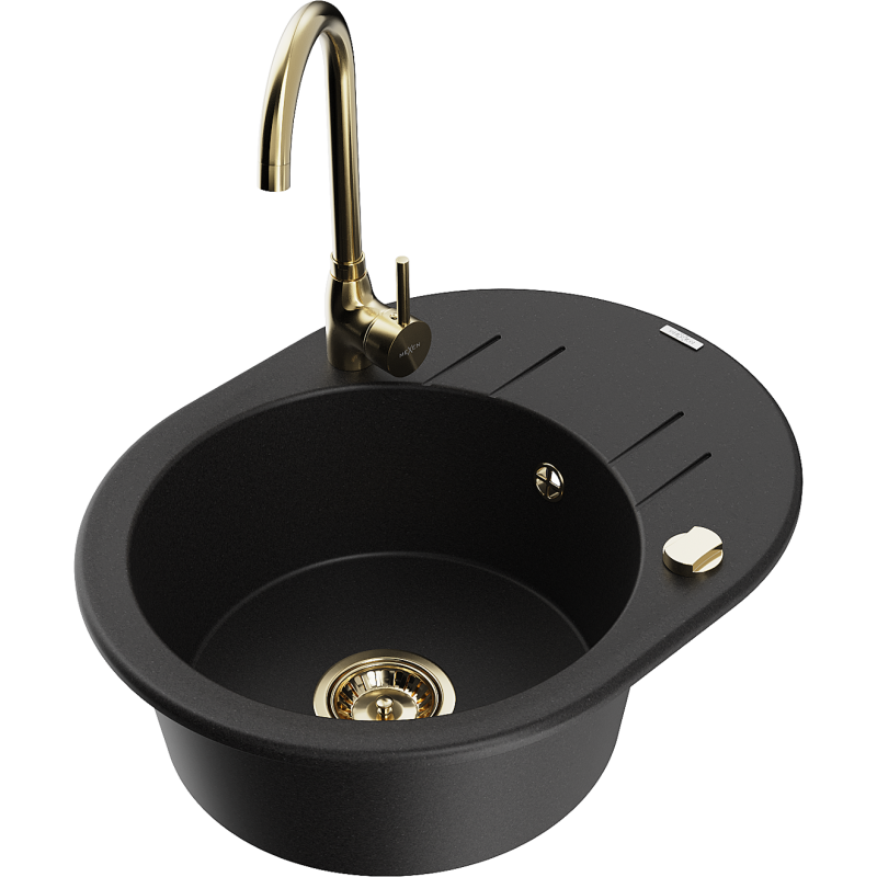 Mexen Kevin gránit mosogató 1-medencés csepegtetővel és Telma konyhai csappal, fekete - 6517-77-670200-50