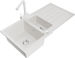 Mexen Andres chiuvetă de bucătărie din granit cu 1,5 cuve și scurgător și baterie de bucătărie Duero, alb - 6515-20-671600-20
