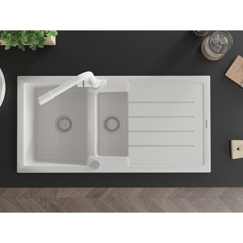 Mexen Andres gránit mosogató 1,5 medencés csepegtetővel és Duero konyhai csappal, fehér - 6515-20-671600-20