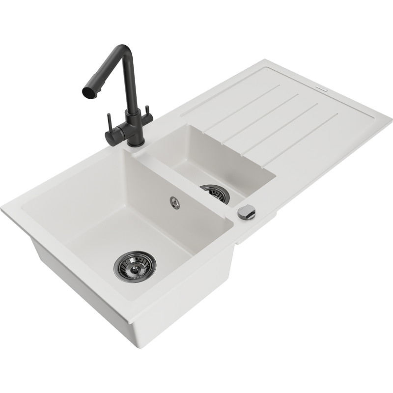 Mexen Andres chiuvetă de granit cu 1,5 compartimente, cu scurgător și baterie de bucătărie Duero, albă - 6515-20-671600-70