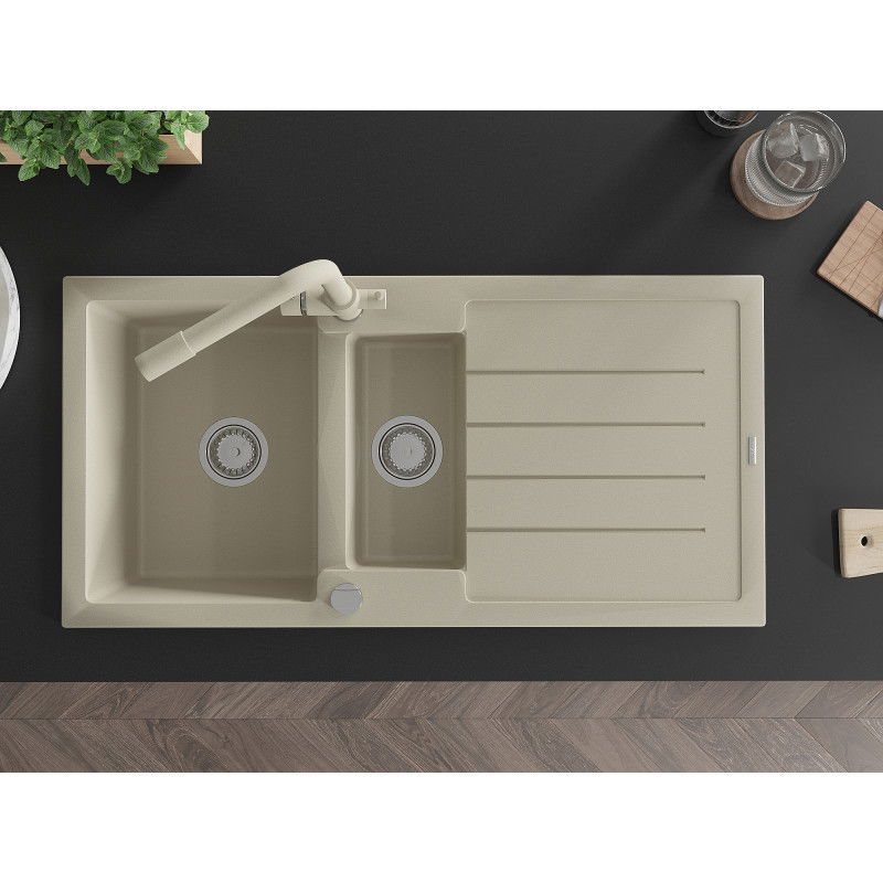 Mexen Andres chiuvetă granit 1,5 camere cu scurgător și baterie de bucătărie Duero, bej - 6515-69-671600-69
