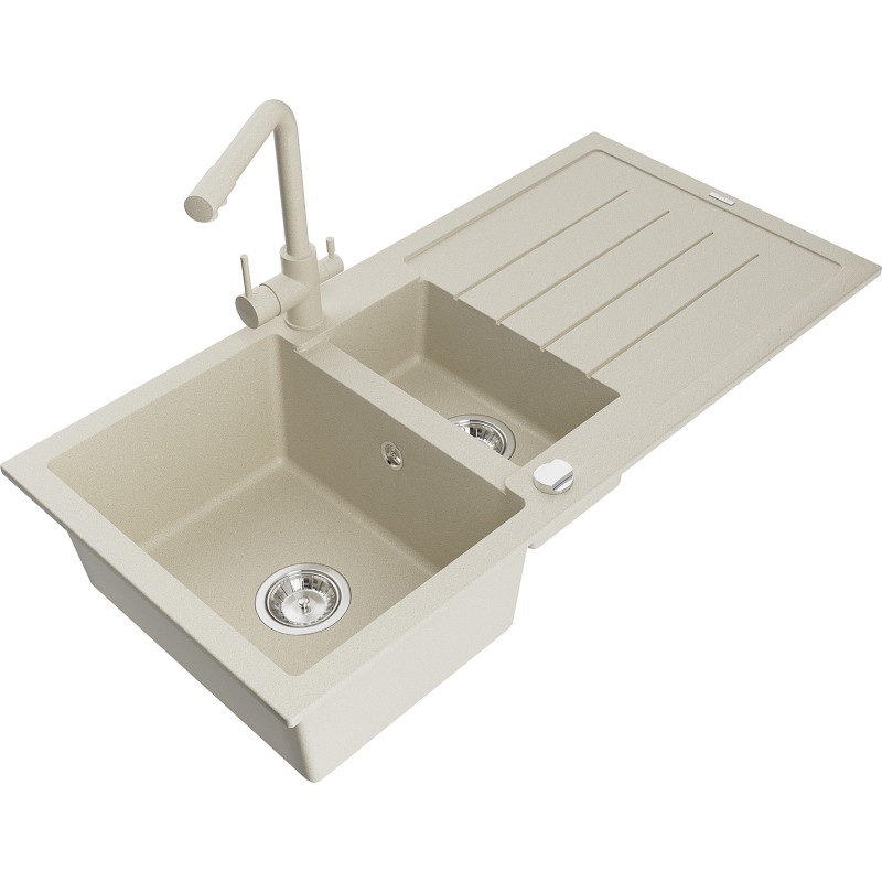 Mexen Andres chiuvetă de granit cu 1,5 cuve cu scurgător și baterie de bucătărie Duero, bej - 6515-69-671600-69