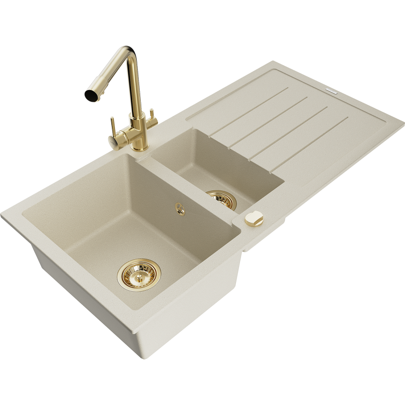 Mexen Andres chiuvetă de granit cu 1,5 compartimente cu scurgător și baterie de bucătărie Duero, bej - 6515-69-671600-50
