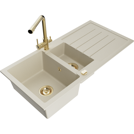Mexen Andres chiuvetă de granit cu 1,5 compartimente cu scurgător și baterie de bucătărie Duero, bej - 6515-69-671600-50