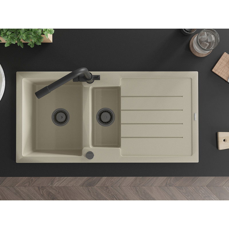 Mexen Andres 1,5-medencés gránit mosogató lefolyóval és Duero konyhai csappal, bézs - 6515-69-671600-70