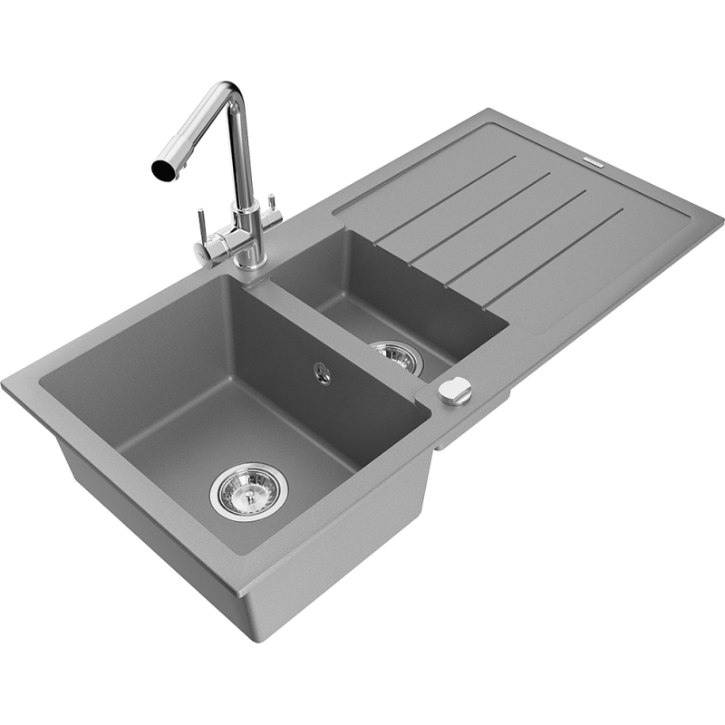 Mexen Andres chiuvetă de granit 1,5 camere cu scurgător și baterie de bucătărie Duero, gri - 6515-71-671600-00