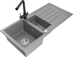 Mexen Andres 1,5 kamrás gránit mosogató csepegtetővel és Duero konyhai csapteleppel, szürke - 6515-71-671600-70