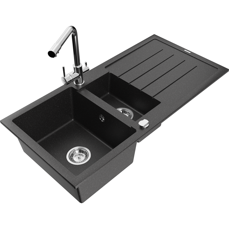Mexen Andres chiuvetă de granit cu 1,5 compartimente, cu picurător și baterie de bucătărie Duero, negru/argintiu