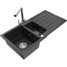 Mexen Andres chiuvetă de granit cu 1,5 compartimente, cu picurător și baterie de bucătărie Duero, negru/argintiu