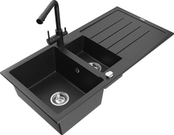 Mexen Andres chiuvetă de granit cu 1,5 compartimente, cu scurgător și baterie de bucătărie Duero, negru/argintiu