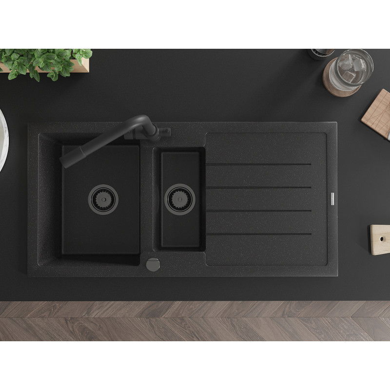 Mexen Andres 1,5-medencés gránit mosogató lefolyóval és Duero konyhai csappal, fekete/ezüst - 6515-73-671600-70-B