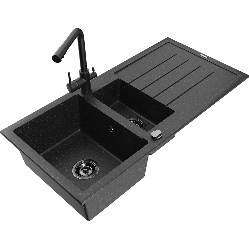 Mexen Andres chiuvetă de granit cu 1,5 camere cu scurgător și baterie de bucătărie Duero, negru/argintiu - 6515-73-671600-70-B