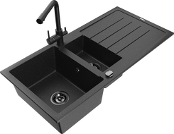 Mexen Andres chiuvetă de granit cu 1,5 camere cu scurgător și baterie de bucătărie Duero, negru/argintiu - 6515-73-671600-70-B