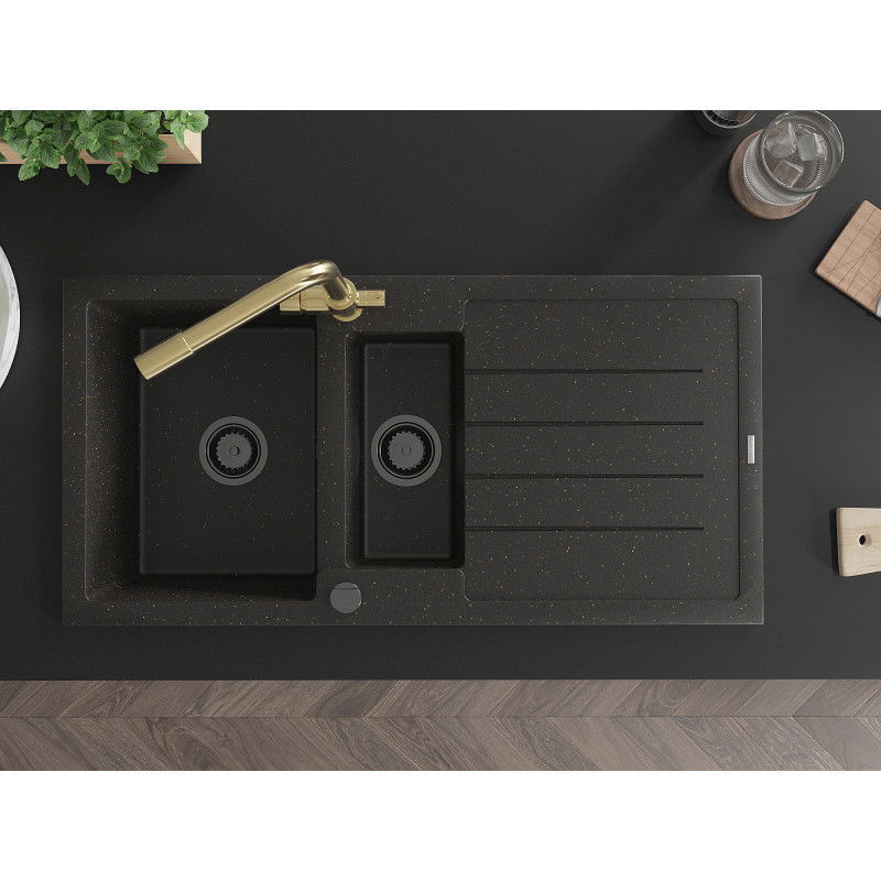 Mexen Andres chiuvetă de granit cu 1,5 camere, cu scurgător și baterie de bucătărie Duero, negru/auriu