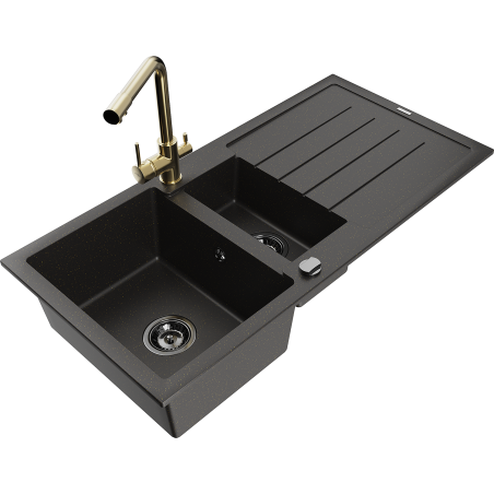 Mexen Andres chiuvetă de granit cu 1,5 camere, cu scurgător și baterie de bucătărie Duero, negru/auriu