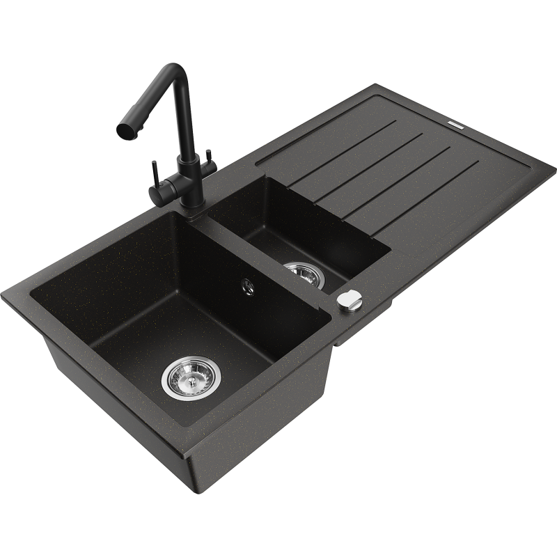 Chiuvetă granitică Mexen Andres 1,5 compartimente cu scurgător și robinet de bucătărie Duero, negru/auriu - 6515-75-671600-70