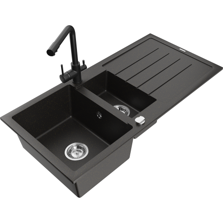 Chiuvetă granitică Mexen Andres 1,5 compartimente cu scurgător și robinet de bucătărie Duero, negru/auriu - 6515-75-671600-70
