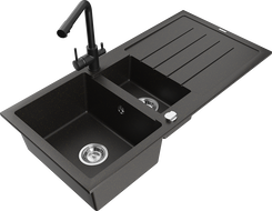 Mexen Andres chiuvetă de bucătărie din granit cu 1,5 compartimente, cu scurgător și baterie Duero, negru/auriu