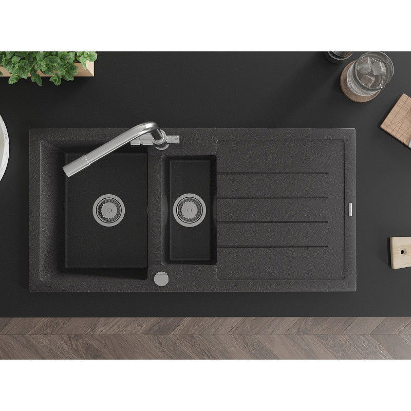 Mexen Andres gránit mosogató 1,5 medencés csepegtetővel és Duero konyhai csappal, fekete pöttyös - 6515-76-671600-00