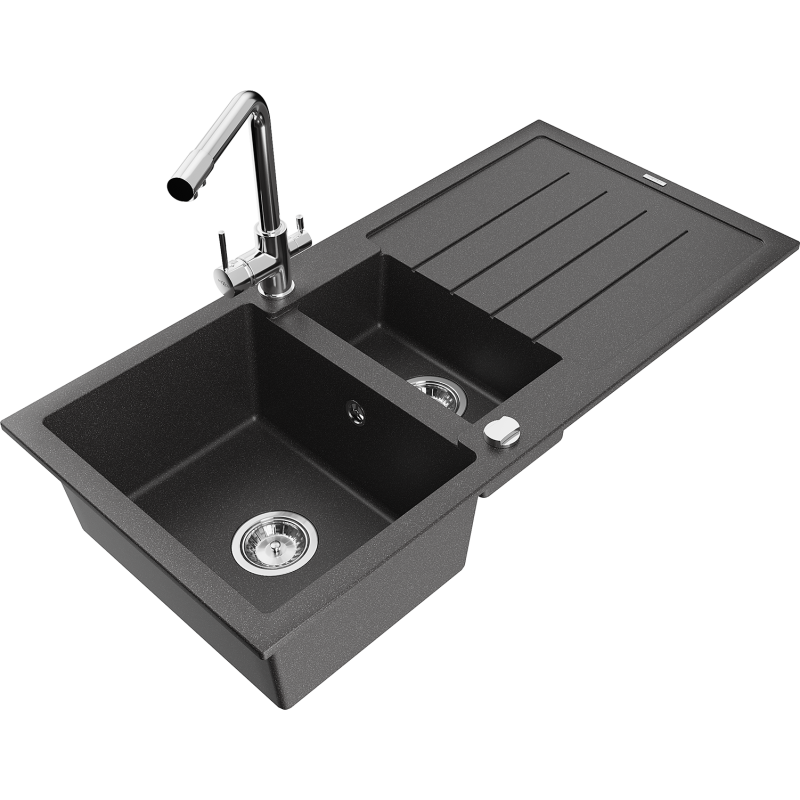 Mexen Andres chiuvetă de granit cu 1,5 cuve, cu scurgător și baterie de bucătărie Duero, negru stropit - 6515-76-671600-00