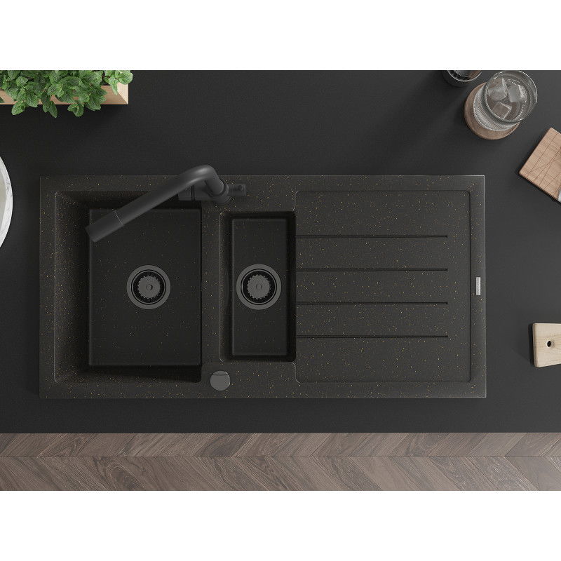Mexen Andres gránit mosogató 1,5 medencés csepegtetővel és Duero konyhai csapteleppel, fekete/arany - 6515-75-671600-70-B