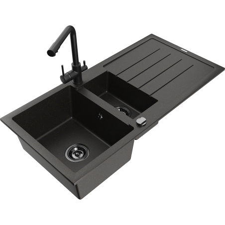 Mexen Andres chiuvetă de granit cu 1,5 camere cu scurgător și baterie de bucătărie Duero, negru/auriu - 6515-75-671600-70-B