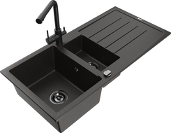 Mexen Andres chiuvetă de granit cu 1,5 cuve, cu picurător și robinet de bucătărie Duero, negru/auriu - 6515-75-671600-70-B