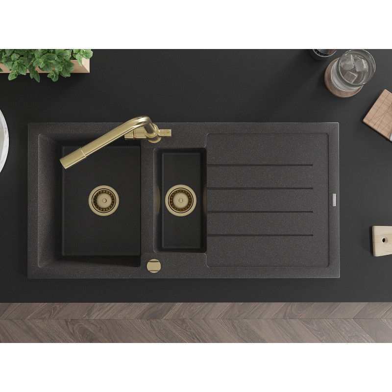 Mexen Andres chiuvetă granit 1,5 compartimente cu picurător și baterie de bucătărie Duero, negru pătat - 6515-76-671600-50