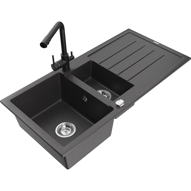Mexen Andres chiuvetă de granit cu 1,5 compartimente cu scurgător și baterie de bucătărie Duero, negru cu pete