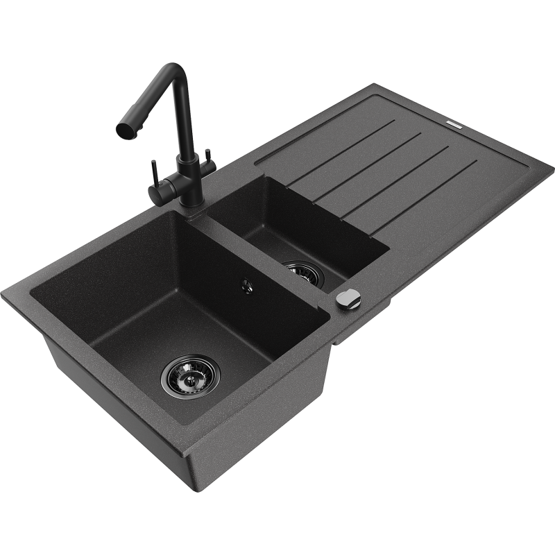 Mexen Andres chiuveta din granit cu 1,5 camere cu scurgător și baterie de bucătărie Duero, negru cu pete - 6515-76-671600-70-B