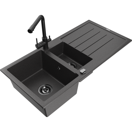Mexen Andres chiuvetă de granit cu 1,5 cuve cu scurgător și baterie de bucătărie Duero, negru cu pete - 6515-76-671600-70-B