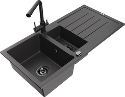 Mexen Andres gránit mosogató 1,5 medencés csepegtetővel és Duero konyhai csappal, fekete szórt - 6515-76-671600-70-B