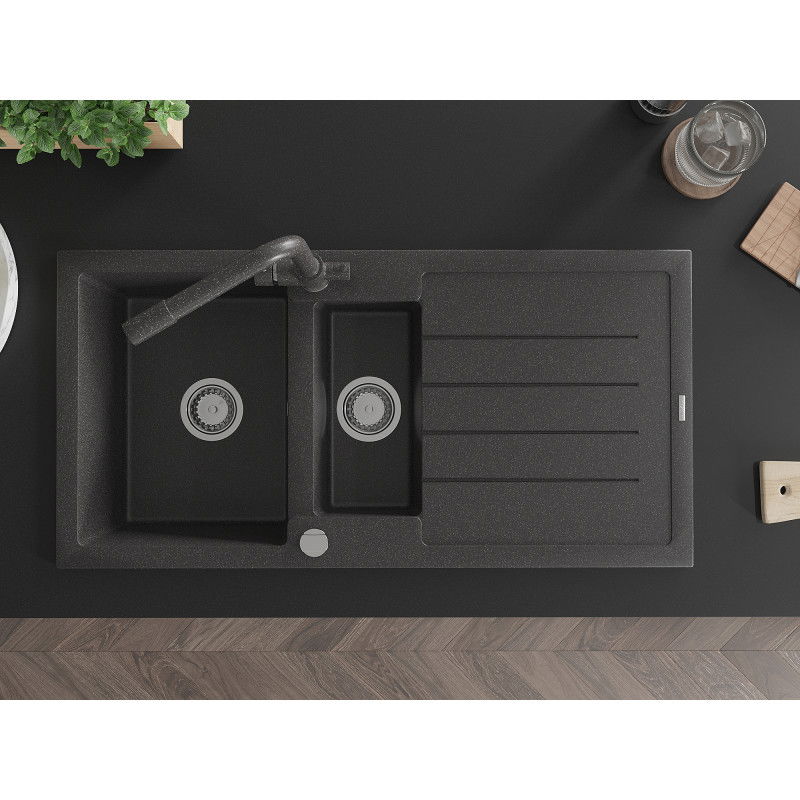 Mexen Andres chiuvetă din granit 1,5-camere cu scurgător și baterie de bucătărie Duero, negru cu pete - 6515-76-671600-76