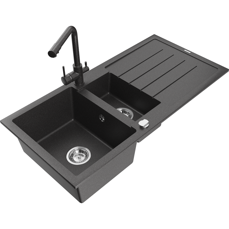 Mexen Andres chiuvetă din granit 1,5-camere cu scurgător și baterie de bucătărie Duero, negru cu pete - 6515-76-671600-76