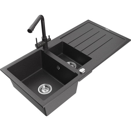 Mexen Andres chiuvetă din granit 1,5-camere cu scurgător și baterie de bucătărie Duero, negru cu pete - 6515-76-671600-76