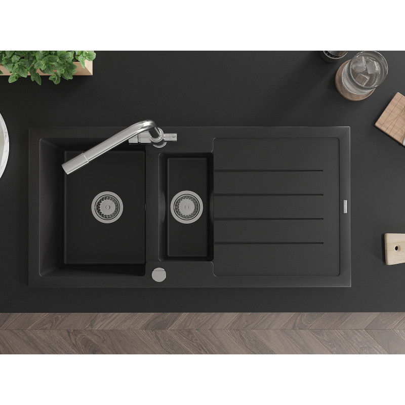 Mexen Andres chiuvetă de granit cu 1,5 compartimente cu scurgător și baterie de bucătărie Duero, negru - 6515-77-671600-00