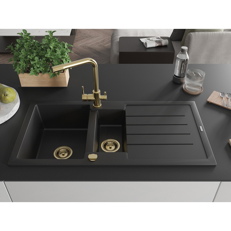 Mexen Andres chiuvetă de granit cu 1,5 compartimente cu scurgător și baterie de bucătărie Duero, negru - 6515-77-671600-50